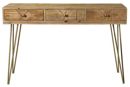 Console avec rangements 3 tiroirs en bois manguier massif gravé et métal doré L120 cm LINIUM