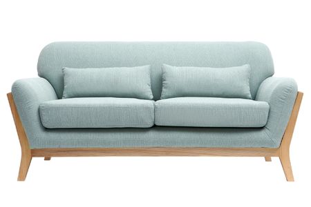 Canapé scandinave 2 places en tissu vert lagon et bois clair YOKO