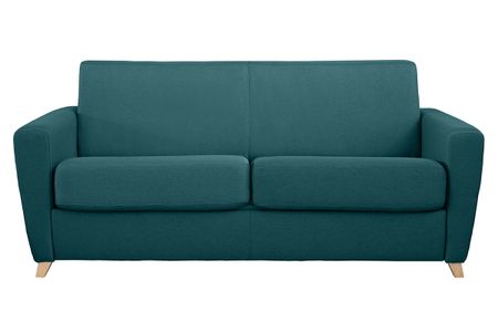 Canapé convertible 3 places en tissu bleu canard et bois clair avec matelas L140 cm 13 cm GRAHAM