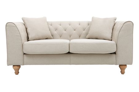 Canapé 2 places capitonné en tissu beige et bois clair MONTAIGNE