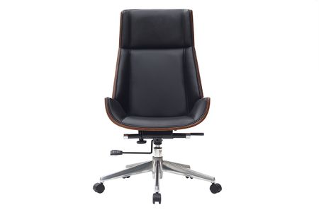 Fauteuil de bureau de direction design noir, bois foncé noyer et acier chromé CURVED