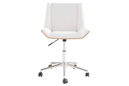 Chaise de bureau à roulettes design blanc, bois clair et acier chromé MELKIOR