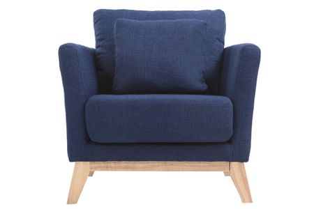 Fauteuil scandinave déhoussable en tissu bleu foncé et bois clair OSLO