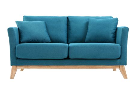 Canapé scandinave déhoussable 2 places en tissu bleu canard et bois clair OSLO