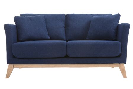 Canapé scandinave déhoussable 2 places en tissu bleu foncé et bois clair OSLO
