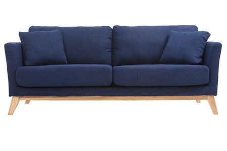 Canapé scandinave déhoussable 3 places en tissu bleu foncé et bois clair OSLO