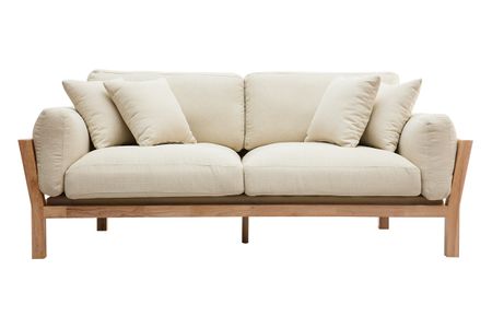 Canapé scandinave déhoussable 3 places en tissu blanc crème et bois clair KYO