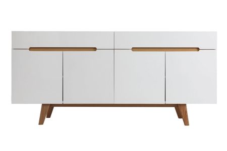 Buffet scandinave blanc laqué brillant et finition bois clair 4 portes 2 tiroirs L180 cm MELKA