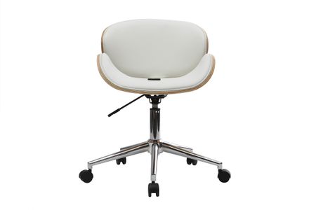 Chaise de bureau à roulettes design blanc, bois clair et acier chromé WALNUT