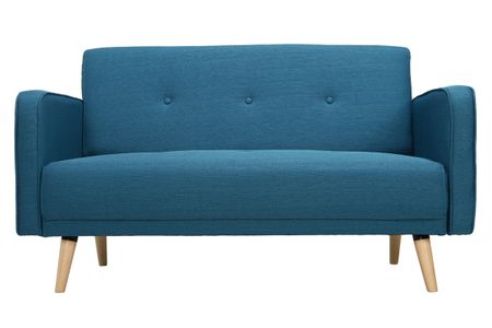 Canapé scandinave 2 places en tissu bleu canard et bois clair ULLA