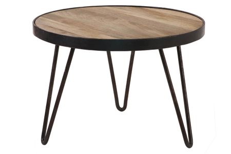 Table basse ronde industrielle bois manguier massif et métal noir D50 cm ATELIER
