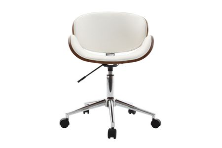 Chaise de bureau à roulettes design blanc, bois foncé noyer et acier chromé WALNUT