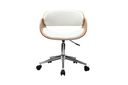 Chaise de bureau à roulettes design blanc, bois clair et acier chromé BENT