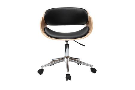 Chaise de bureau à roulettes design noir, bois clair et acier chromé BENT