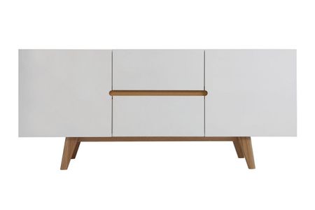 Buffet scandinave blanc laqué brillant et finition bois clair 2 portes 2 tiroirs L160 cm MELKA