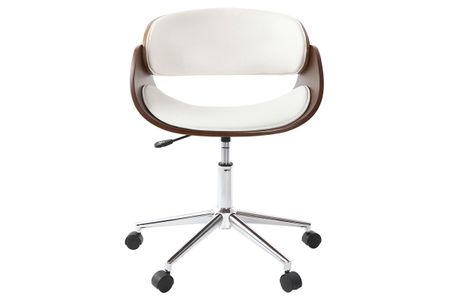 Chaise de bureau à roulettes design blanc, bois foncé noyer et acier chromé BENT