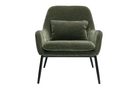 Fauteuil design en tissu effet velours vert kaki et métal noir MAXINE
