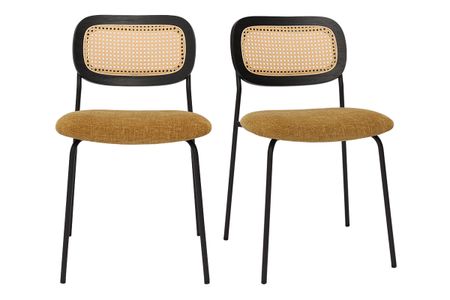 Chaises design en tissu effet velours texturé bronze, métal noir et cannage rotin (lot de 2) MIRANDA