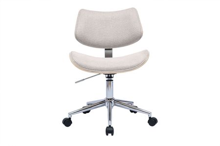 Chaise de bureau à roulettes design en tissu effet velours texturé beige, bois clair chêne et métal MALMO