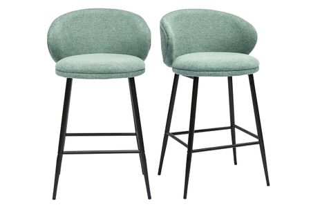 Tabourets de bar design en tissu effet velours texturé vert céladon et métal noir (lot de 2) ROSALIE