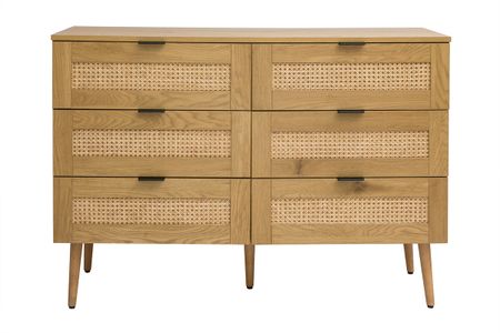 Commode finition bois clair, cannage en rotin et métal noir 6 tiroirs L120 cm MANILLE