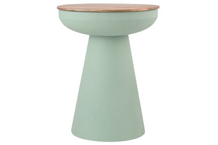 Table d'appoint ronde design avec rangement en métal vert céladon et bois manguier massif H52 cm TAM