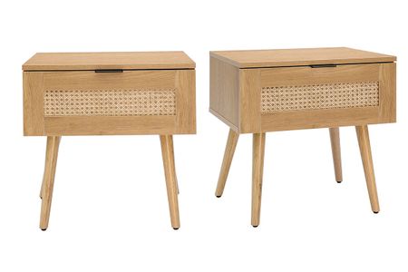 Tables de chevet finition bois clair, cannage rotin et métal noir (lot de 2) MANILLE