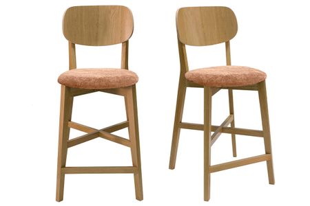 Tabourets de bar en bois clair chêne et tissu effet velours terre brûlée H65 cm (lot de 2) LUCIA