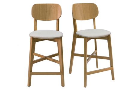 Tabourets de bar en bois clair chêne et tissu beige H65 cm (lot de 2) LUCIA