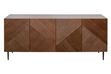 Buffet design en bois foncé chêne massif gravé et métal noir 4 portes L180 cm ARCHIPEL