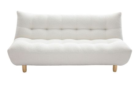 Canapé convertible scandinave 3 places en tissu effet laine bouclée blanc et bois clair YUMI