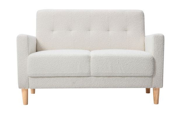 Canapé scandinave 2 places en tissu effet laine bouclée blanc et bois clair MOON