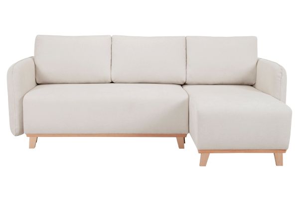 Canapé d'angle convertible et réversible 3-4 places en tissu effet velours beige et bois clair ROMANE