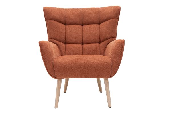 Fauteuil scandinave en tissu effet velours texturé terre brûlée et bois clair AVERY