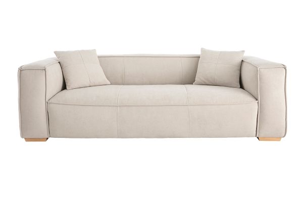 Canapé design 3 places en tissu effet velours beige naturel et bois clair COBAIN