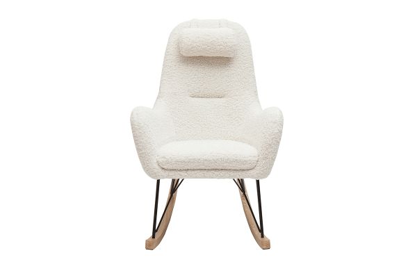 Rocking chair scandinave en tissu effet peau de mouton blanc, métal noir et bois clair MANIA