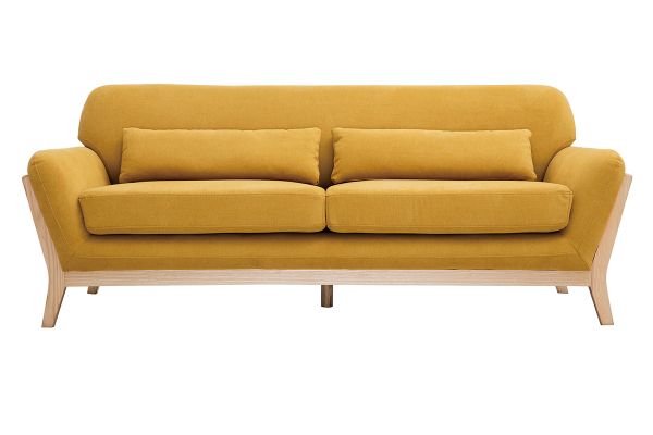 Canapé scandinave 3 places en tissu effet velours jaune moutarde et bois clair YOKO