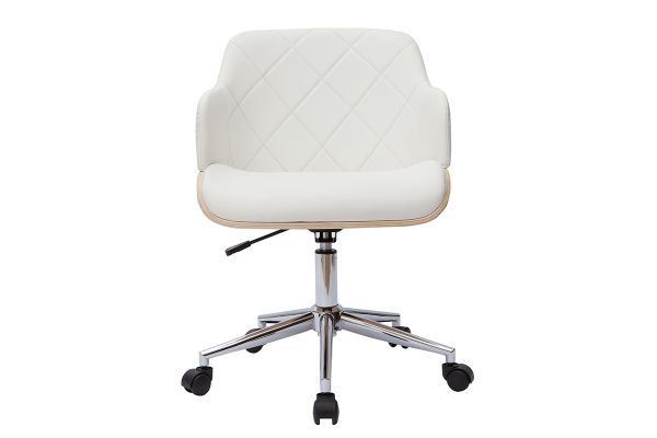 Chaise de bureau à roulettes design blanc, bois clair et acier chromé SANDRO
