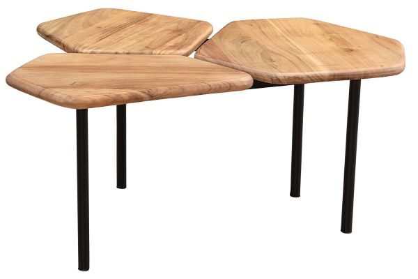 Table basse 3 plateaux bois massif et métal noir L95 cm SUZANE