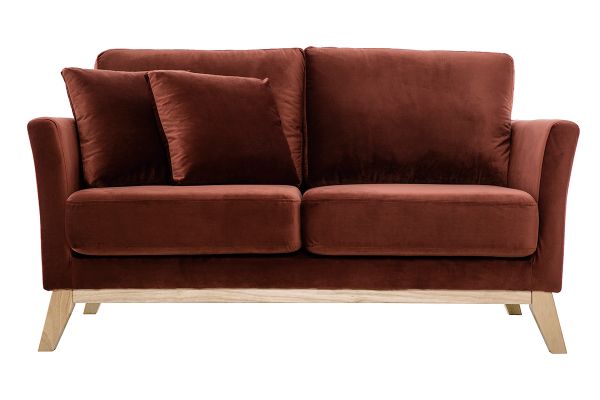 Canapé scandinave déhoussable 2 places en tissu velours rouge tomette et bois clair OSLO