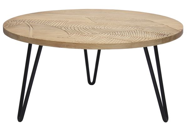 Table basse ronde gravée bois manguier massif et métal noir D80 cm VIBES