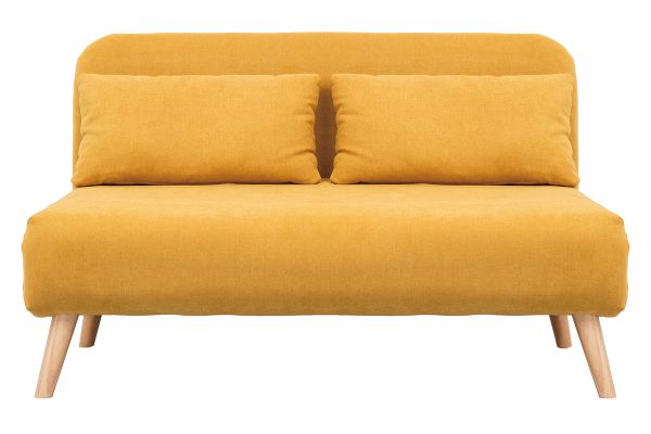 Chauffeuse 2 places convertible en tissu effet velours moutarde et bois clair AMIKO