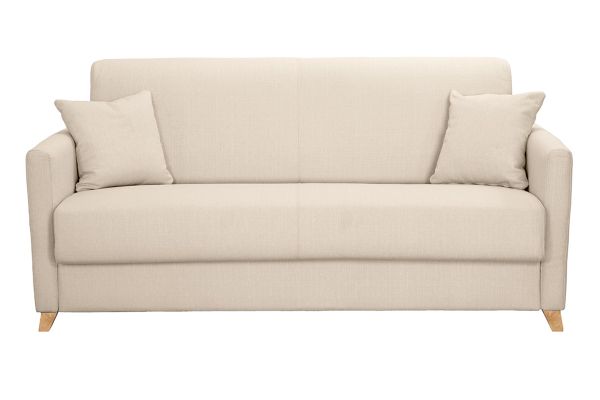 Canapé convertible 3 places en tissu beige et bois clair avec matelas 13 cm SKANDY