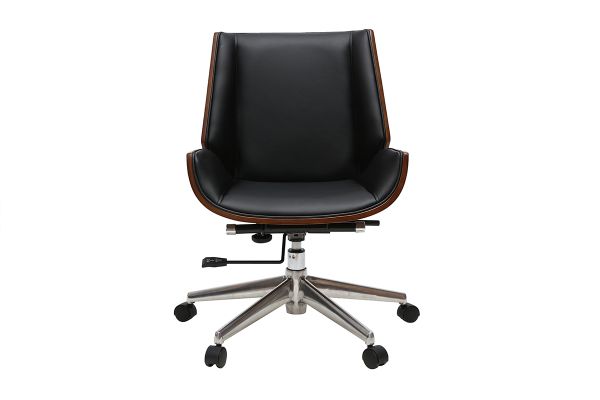 Chaise de bureau à roulettes design noir, bois foncé noyer et acier chromé CURVED
