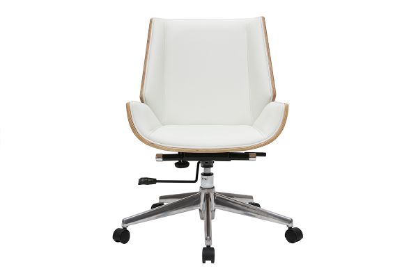 Chaise de bureau à roulettes design blanc, bois clair et acier chromé CURVED