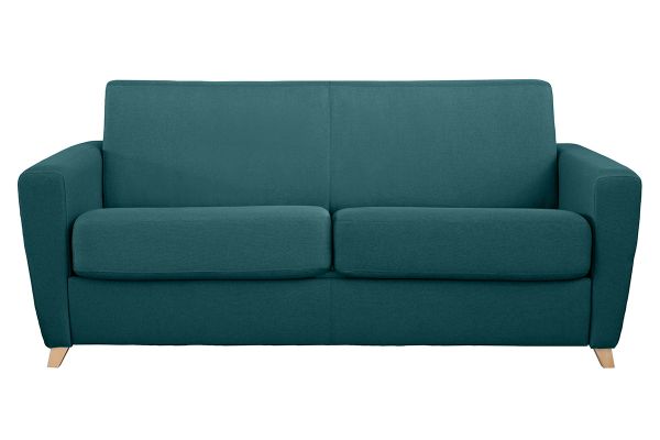 Canapé convertible 3 places en tissu bleu canard et bois clair avec matelas L140 cm 13 cm GRAHAM