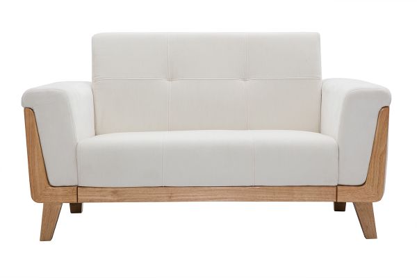 Canapé scandinave 2 places en tissu effet velours blanc cassé et bois clair FJORD