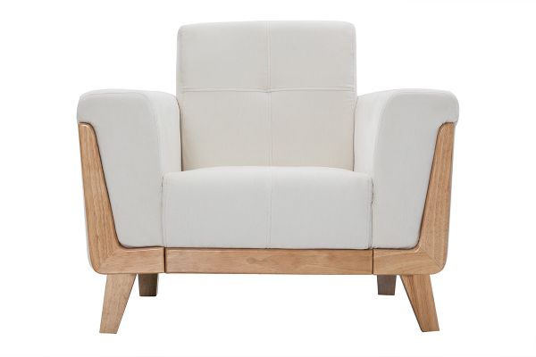 Fauteuil scandinave en tissu effet velours blanc cassé et bois clair FJORD