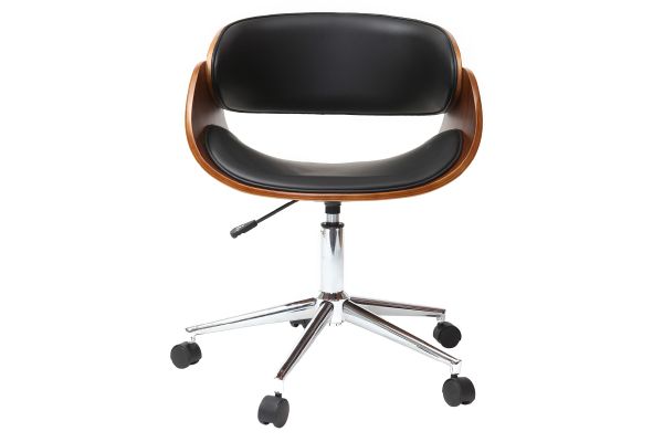 Chaise de bureau à roulettes design noir, bois foncé noyer et acier chromé  BENT