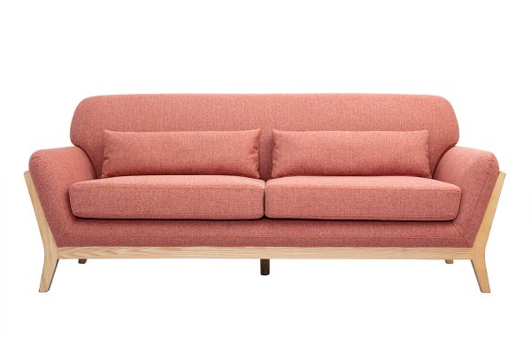 Canapé scandinave 3 places en tissu effet velours texturé terracotta et bois clair YOKO